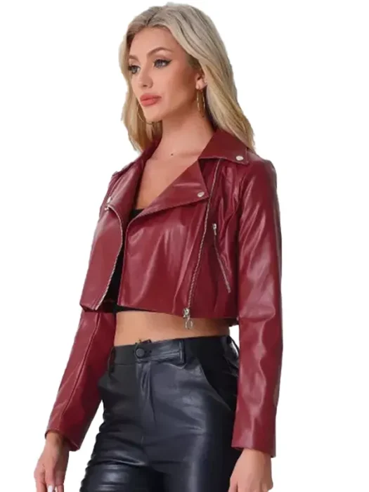 Womens Red Moto Cropped Leather Jacket