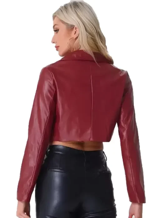 Womens Red Moto Cropped Leather Jacket Back