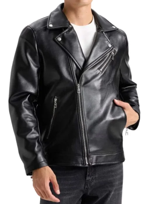 American Polo Collar Black Men Biker Leather Jacket