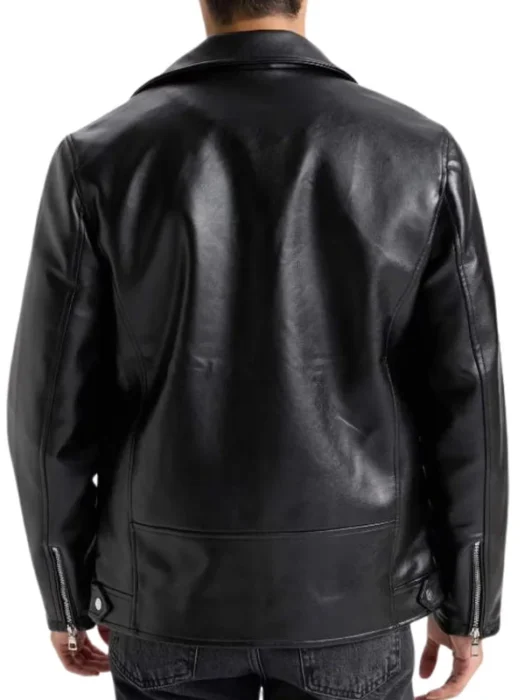American Polo Collar Black Men Biker Leather Jacket bACK