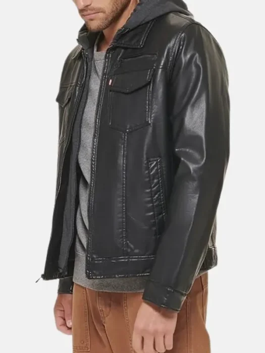 Black Hooded Leather Jacket Mens