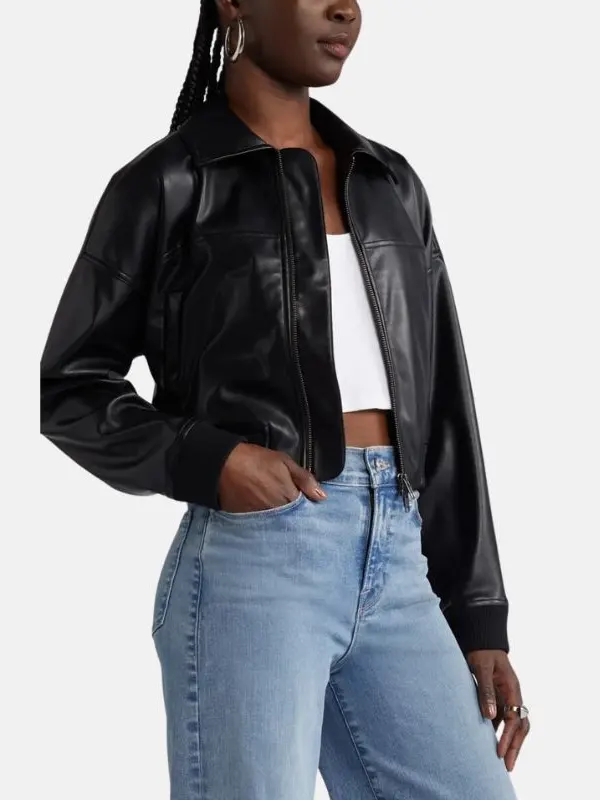 Black Leather Cropped Bomber Jacket