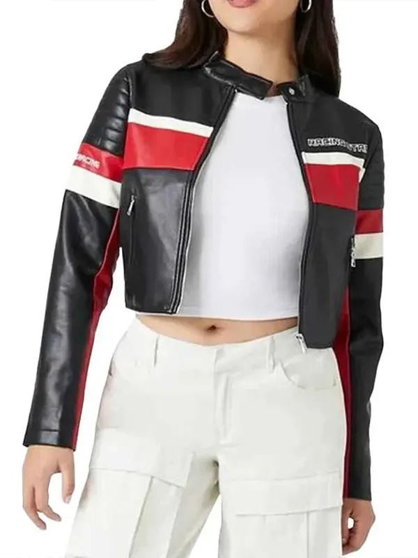 Black and White Ladies Red Leather Jacket