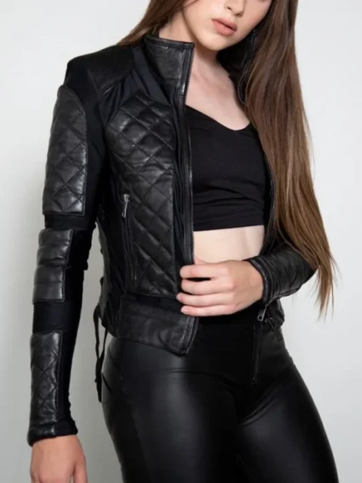 Corset Black Womens Quilted Motorcycle Leather Jacket Front