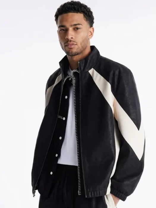 Faux Leather Maze Paneled Black Track Jacket