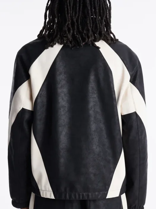Faux Leather Maze Paneled Black Track Jacket Back