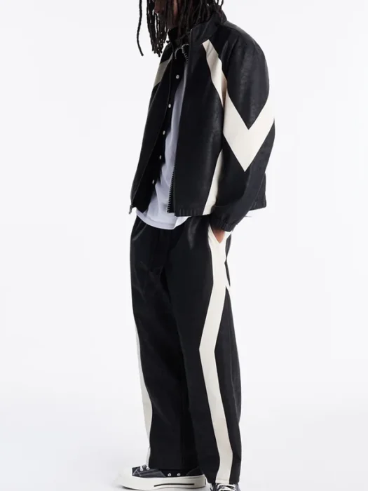 Faux Leather Maze Paneled Track Jacket