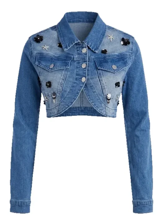 Floré Bella Embellished Denim Bolero Jacket - Medium Wash