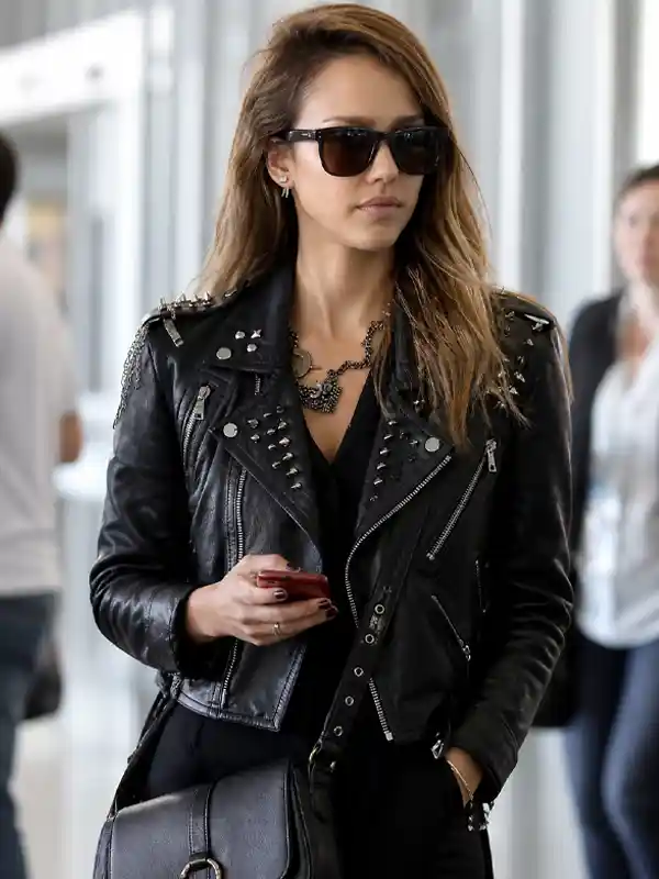Jessica Alba Black Studded Leather Jacket