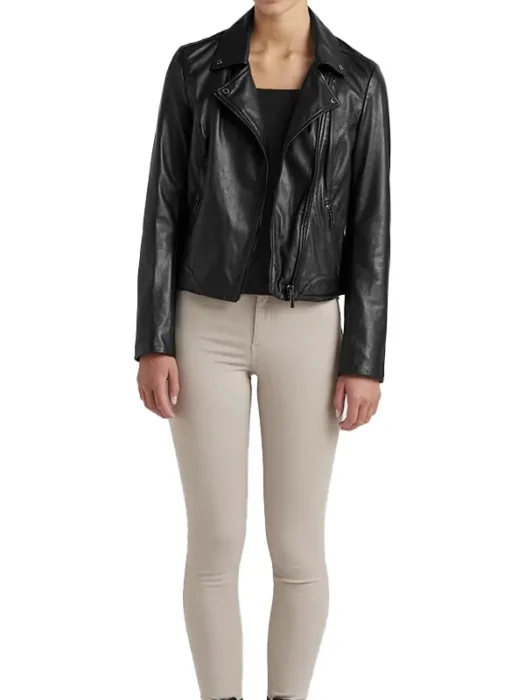 Ladies Black Leather Moto Jacket