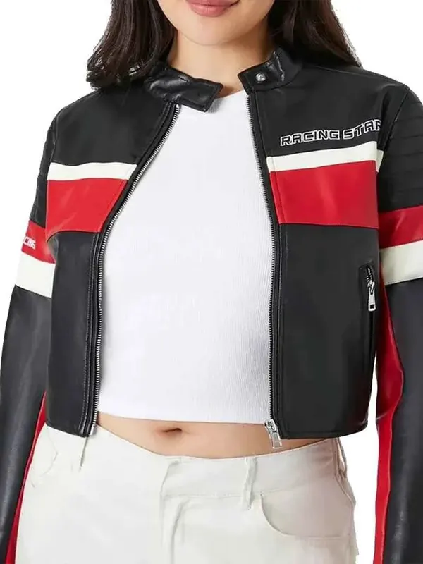 Ladies Black and White Cropped Leather Jacket