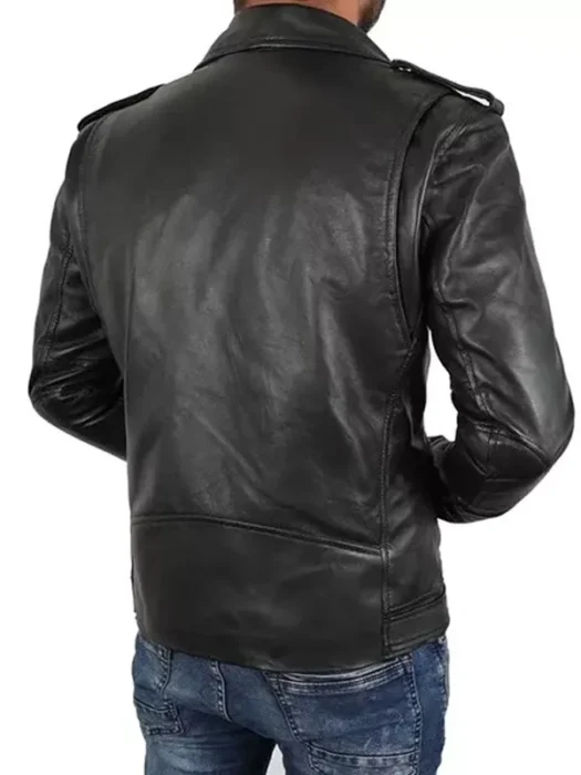 Mens Asymmetrical Biker Leather Jacket Back