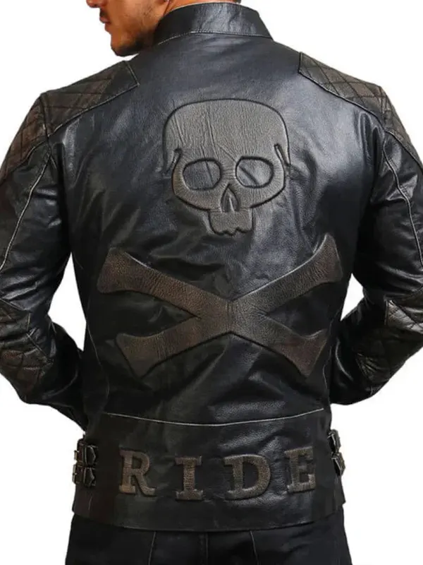 Men’s Asymmetrical Bones and Skull Leather Jacket Back