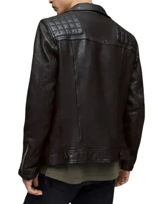 Men’s Asymmetrical Quilted Black Leather Jacket Back