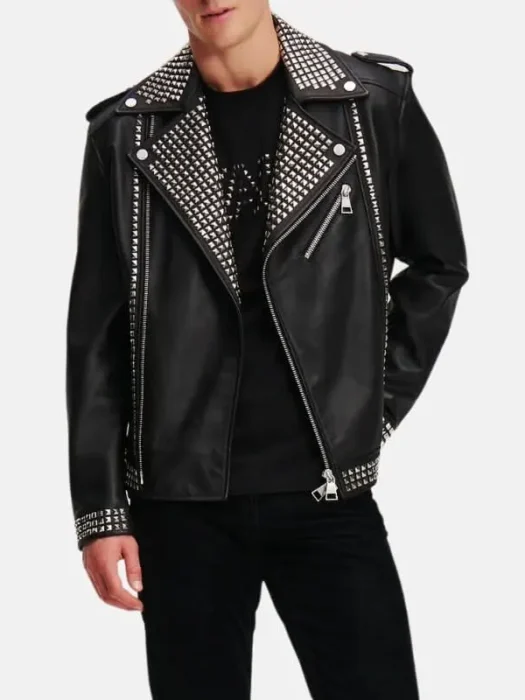 Men’s Black Leather Biker Studded Jacket