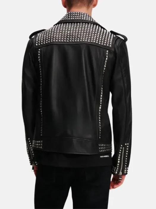 Men’s Black Leather Biker Studded Jacket Back