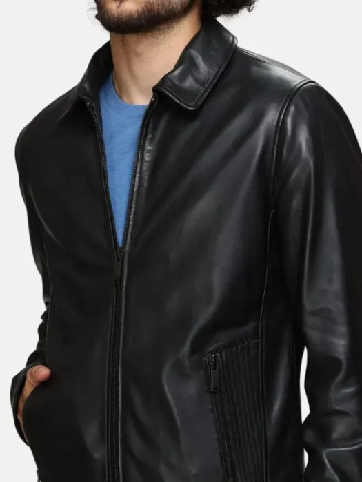 Mens Black Leather Classic Collar Jacket