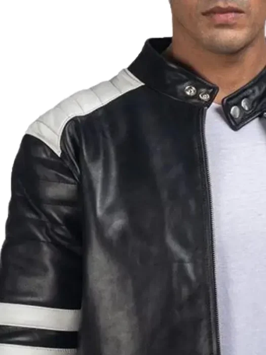 Mens Brad Moto Style Black And White Faux Leather Jacket