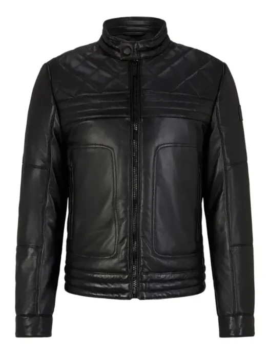 Men’s Collar Leather Black Puffer Jacket