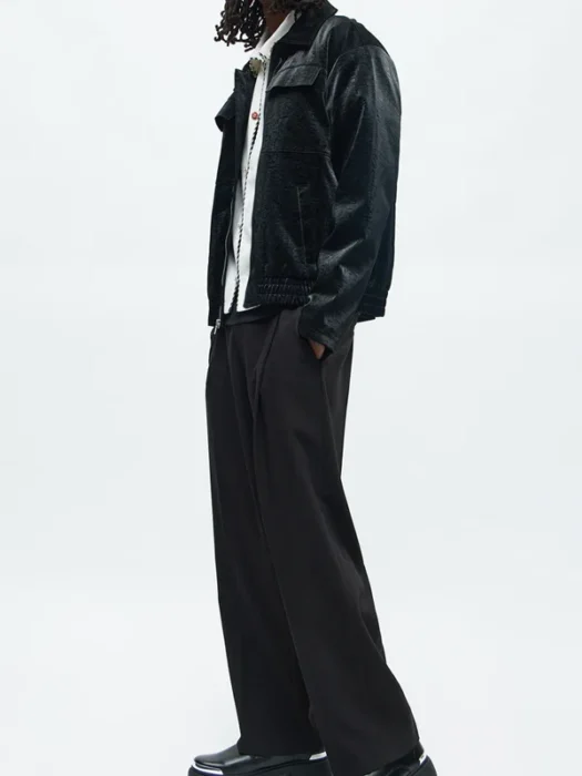 Mens Cropped Coated Padded Bomber Faux Leather Jacket