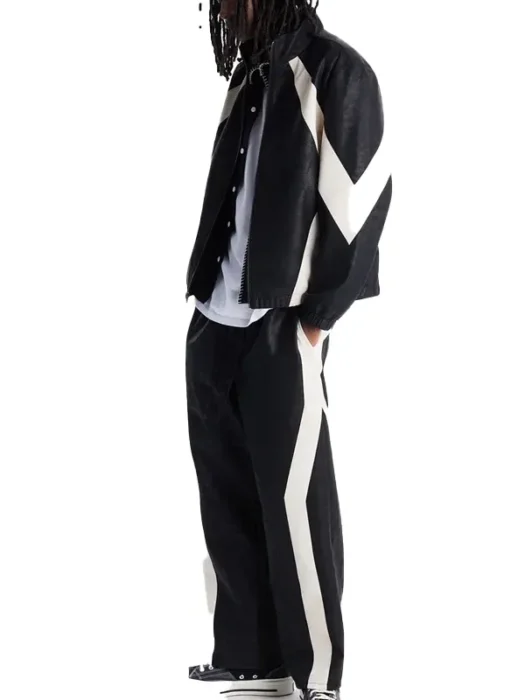 Men’s Faux Leather Maze Paneled Black Track Jacket