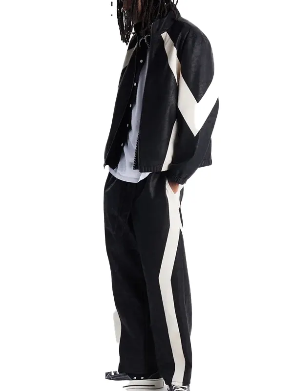 Men’s Faux Leather Maze Paneled Black Track Jacket