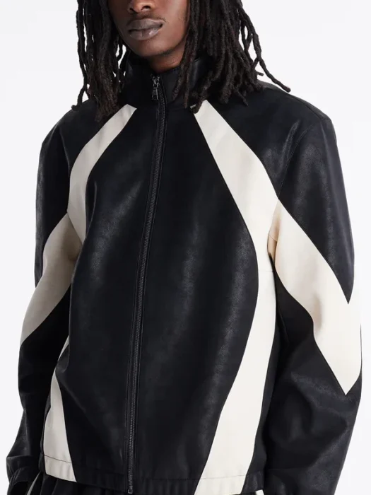 Mens Faux Leather Maze Paneled Black Track Jacket