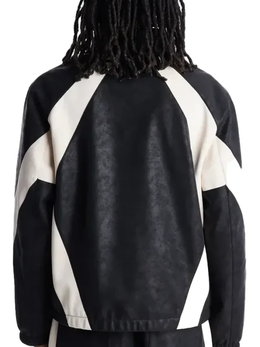 Men’s Faux Leather Maze Paneled Black Track Jacket Back