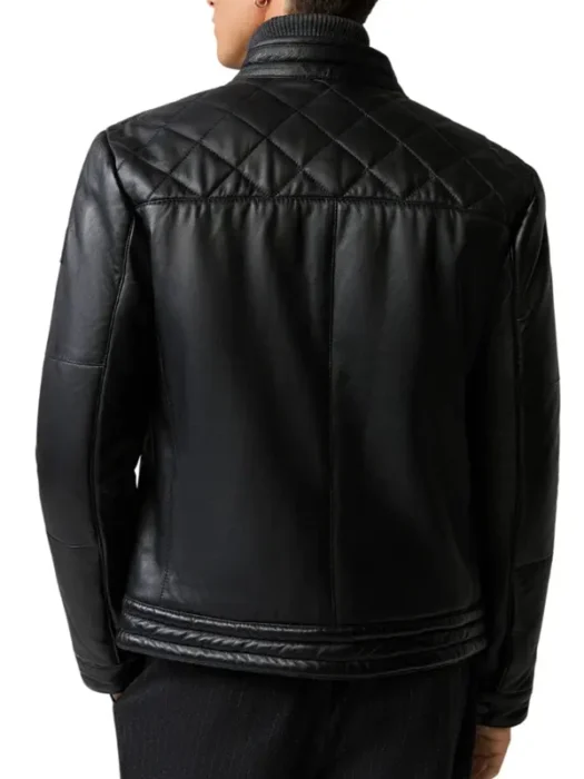 Men’s Mandarin Collar Leather Black Puffer Jacket