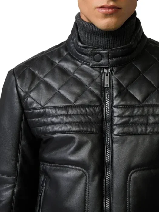 Men’s Mandarin Collar Leather Puffer Jacket