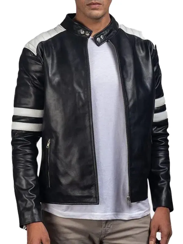 Mens Moto Style Black And White Faux Leather Jacket