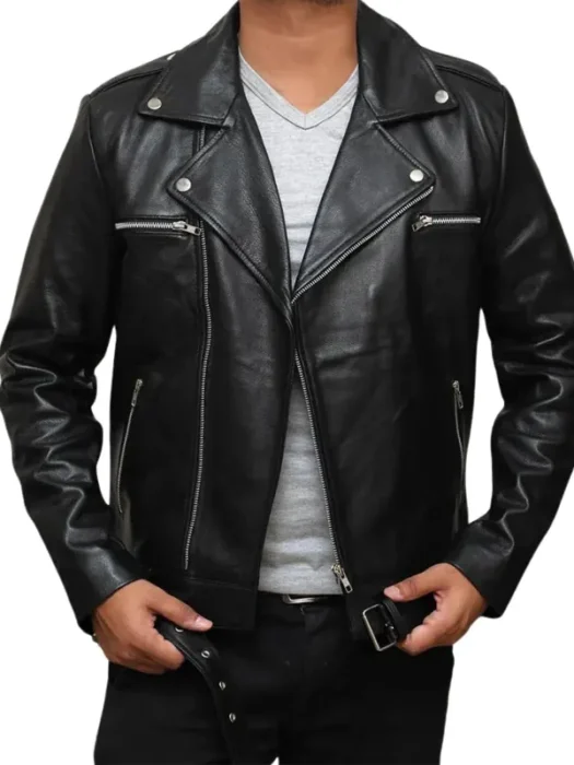 Men’s Negan Black Belted Asymmetrical Leather Jacket