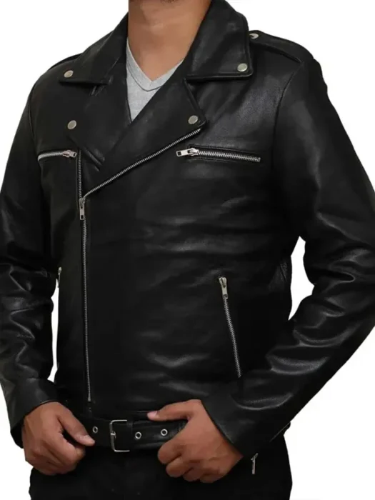 Men’s Negan Black Belted Asymmetrical Moto Leather Jacket