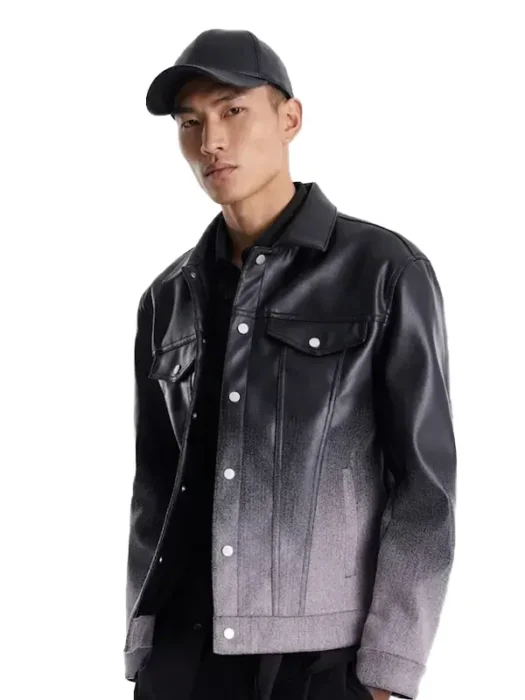 Mens Ombre Faux Leather Trucker Jacket