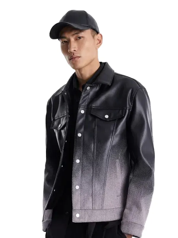 Mens Ombre Faux Leather Trucker Jacket
