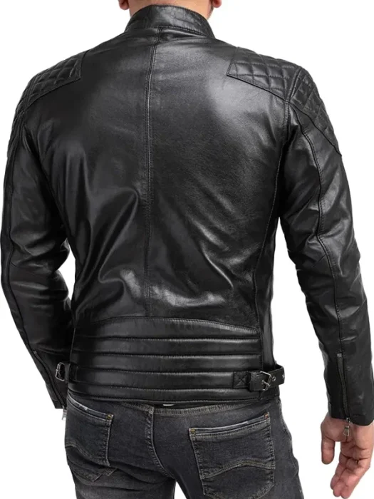 Mens Padded Black Cafe Racer Leather Jacket Back