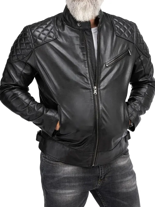 Mens Padded Black Cafe Racer Leather Jacket