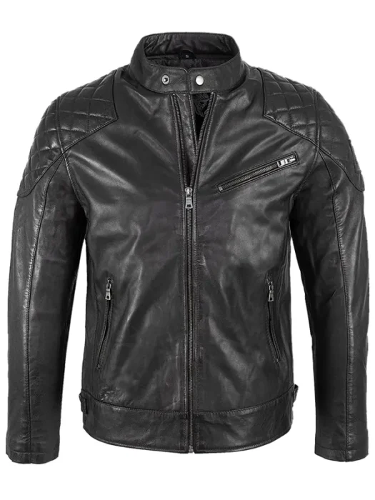 Mens Padded Black Leather Cafe Racer Jacket