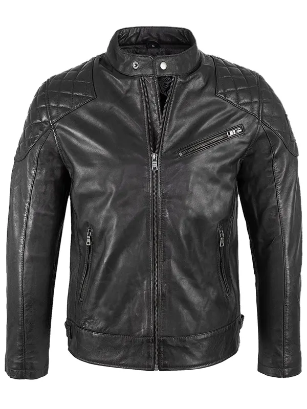 Mens Padded Black Leather Cafe Racer Jacket