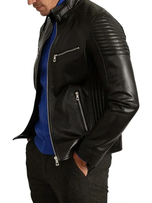 Mens Signature Black Leather Cafe Racer Jacket
