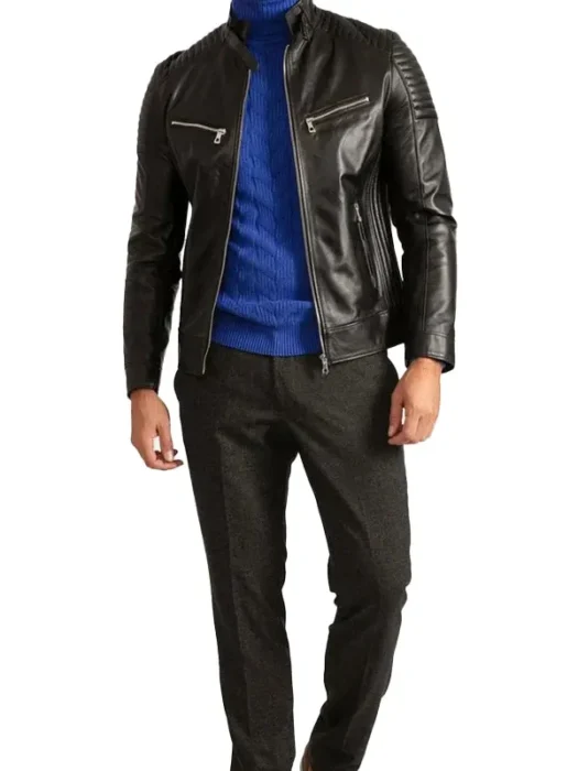 Mens Signature Black Leather Cafe Racer Motorcycle Jacket