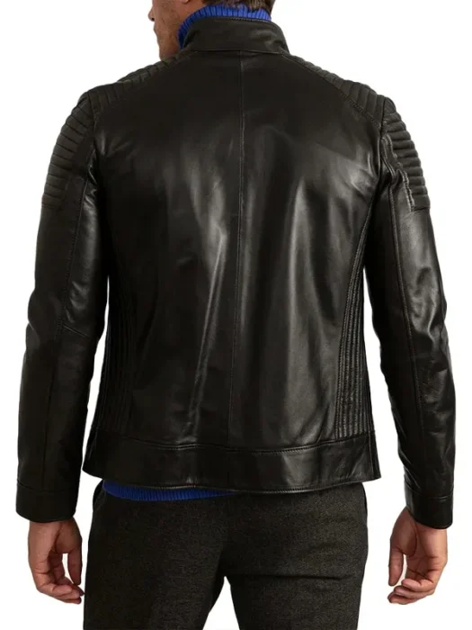 Mens Signature Black Leather Cafe Racer Motorcycle Jacket Back