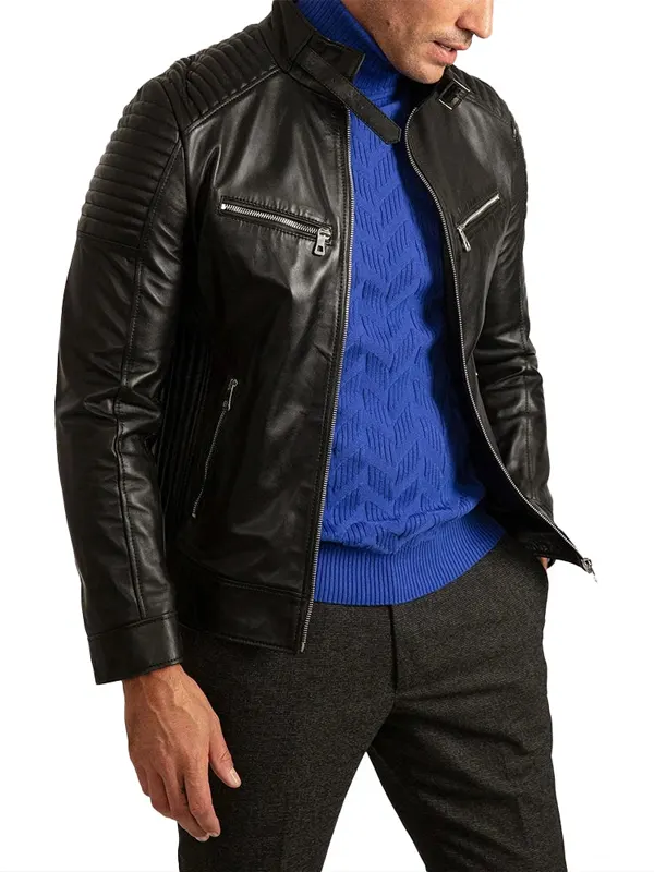 Mens Signature Cafe Racer Black Leather Jacket