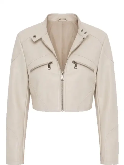 Mina Cropped Faux Leather Moto Jacket - Light Grey