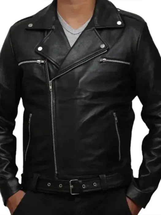 Negan Black Belted Asymmetrical Moto Leather Jacket