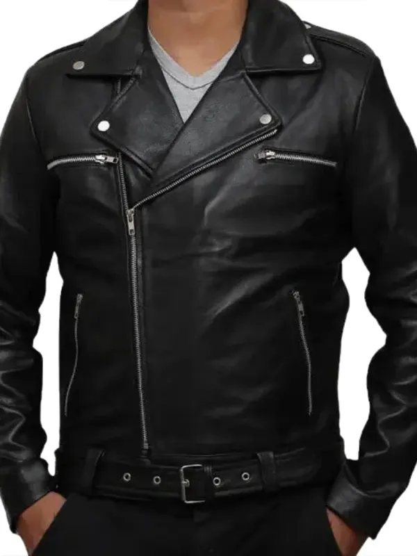 Negan Black Belted Asymmetrical Moto Leather Jacket