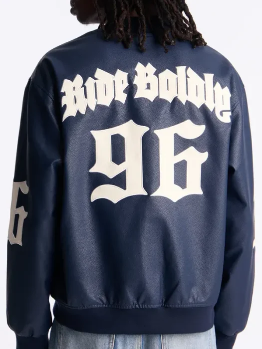 Relaxed '96 Faux Pebble Leather Varsity Jacket Back