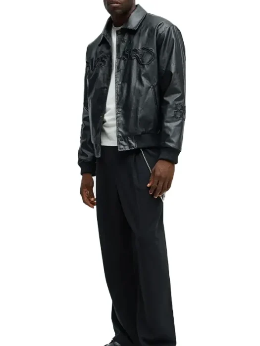 Menβs Faux Leather Maze Paneled Black Track Jacket