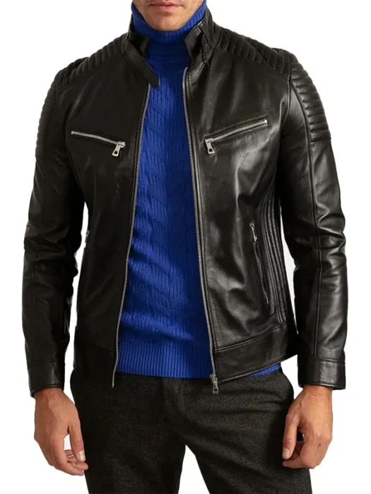 Signature Cafe Racer Black Leather Jacket