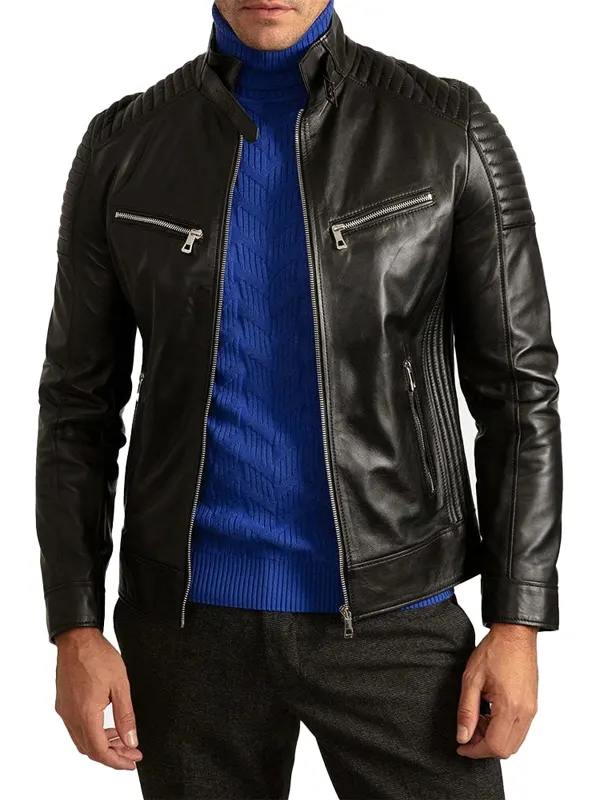 Signature Cafe Racer Black Leather Jacket
